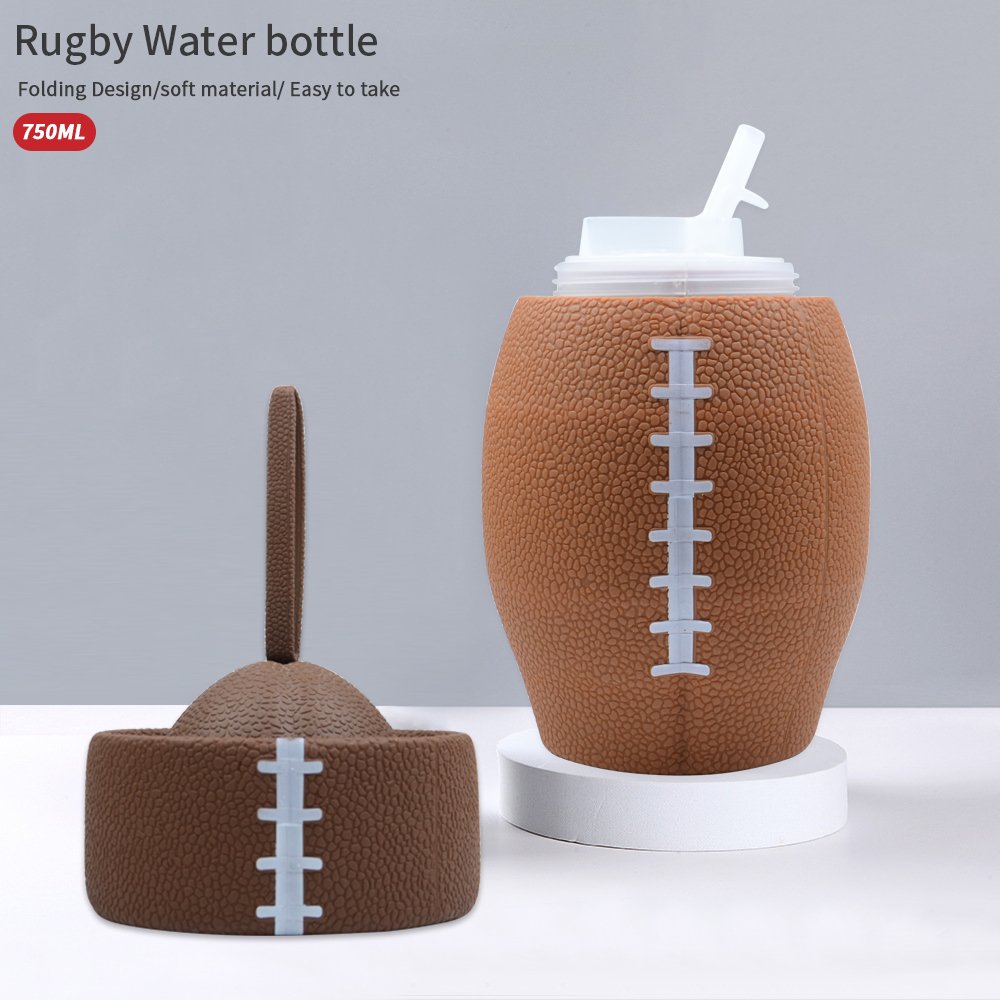 Hot Sale Custom Logo Rugby Shape 100% Food Grade Silicone Water Bottle Collapsible Gym Sports Bottle For Kids