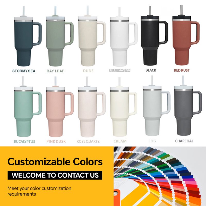 Customized Logo New Type 30/40oz Powder Coated Water Bottles Stainless Steel Car Tumblers With Handle and Straws