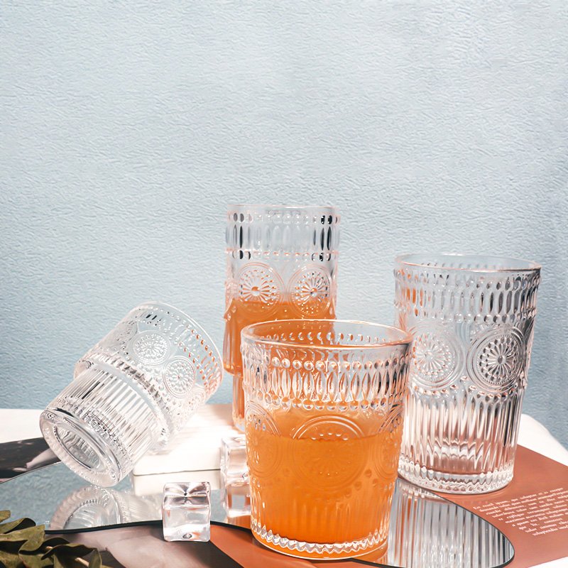 Factory Direct Retro Embossed Crystal Clear Transparent Whiskey Iced Coffee Water Glass Cup Mug Tumbler for Bar Drink glasses