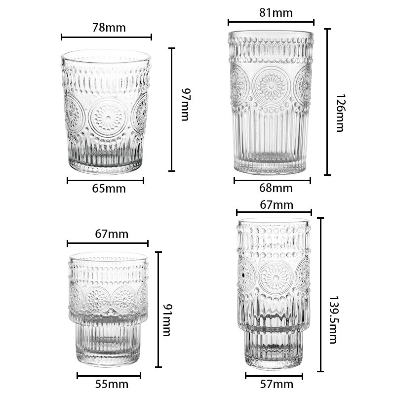 Factory Direct Retro Embossed Crystal Clear Transparent Whiskey Iced Coffee Water Glass Cup Mug Tumbler for Bar Drink glasses