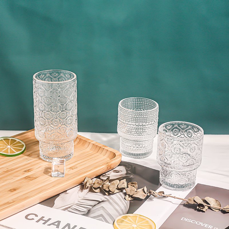 Factory Direct Retro Embossed Crystal Clear Transparent Whiskey Iced Coffee Water Glass Cup Mug Tumbler for Bar Drink glasses