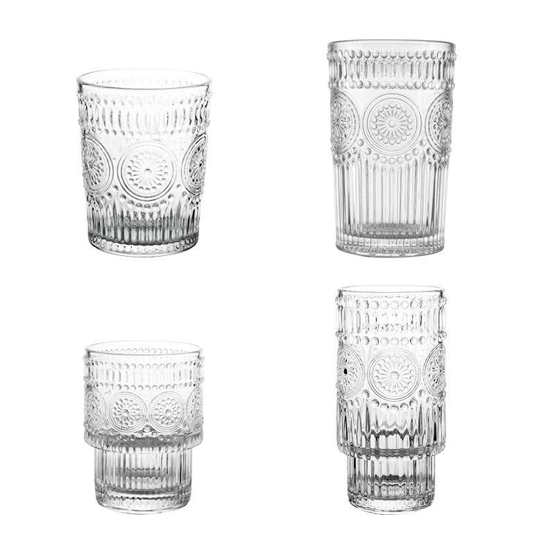 Factory Direct Retro Embossed Crystal Clear Transparent Whiskey Iced Coffee Water Glass Cup Mug Tumbler for Bar Drink glasses