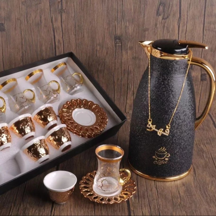 Turkish Style Vacuum Flask 1.6L FLASK 75ML Cawa cup 120ML Glass cup coffee thermos Two Carafe Piece Tea Pot Set Dallah Jugs