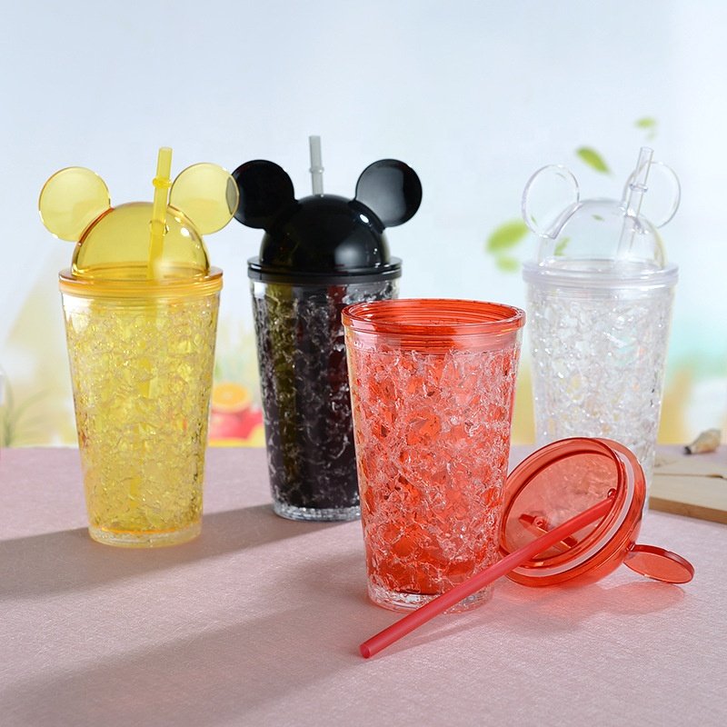 450ML 16oz plastic mickey cup straws portable water cups mouse ear shape lid double wall plastic Mickey cup tumbler