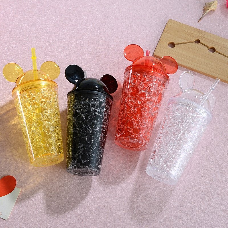 450ML 16oz plastic mickey cup straws portable water cups mouse ear shape lid double wall plastic Mickey cup tumbler