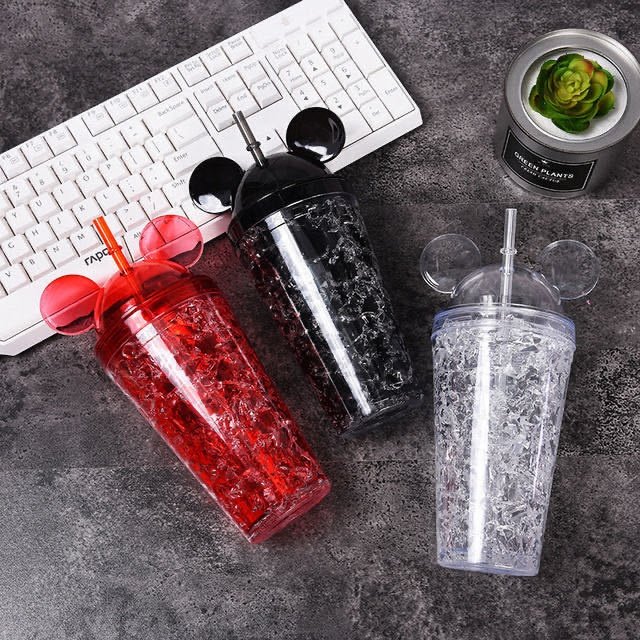 450ML 16oz plastic mickey cup straws portable water cups mouse ear shape lid double wall plastic Mickey cup tumbler