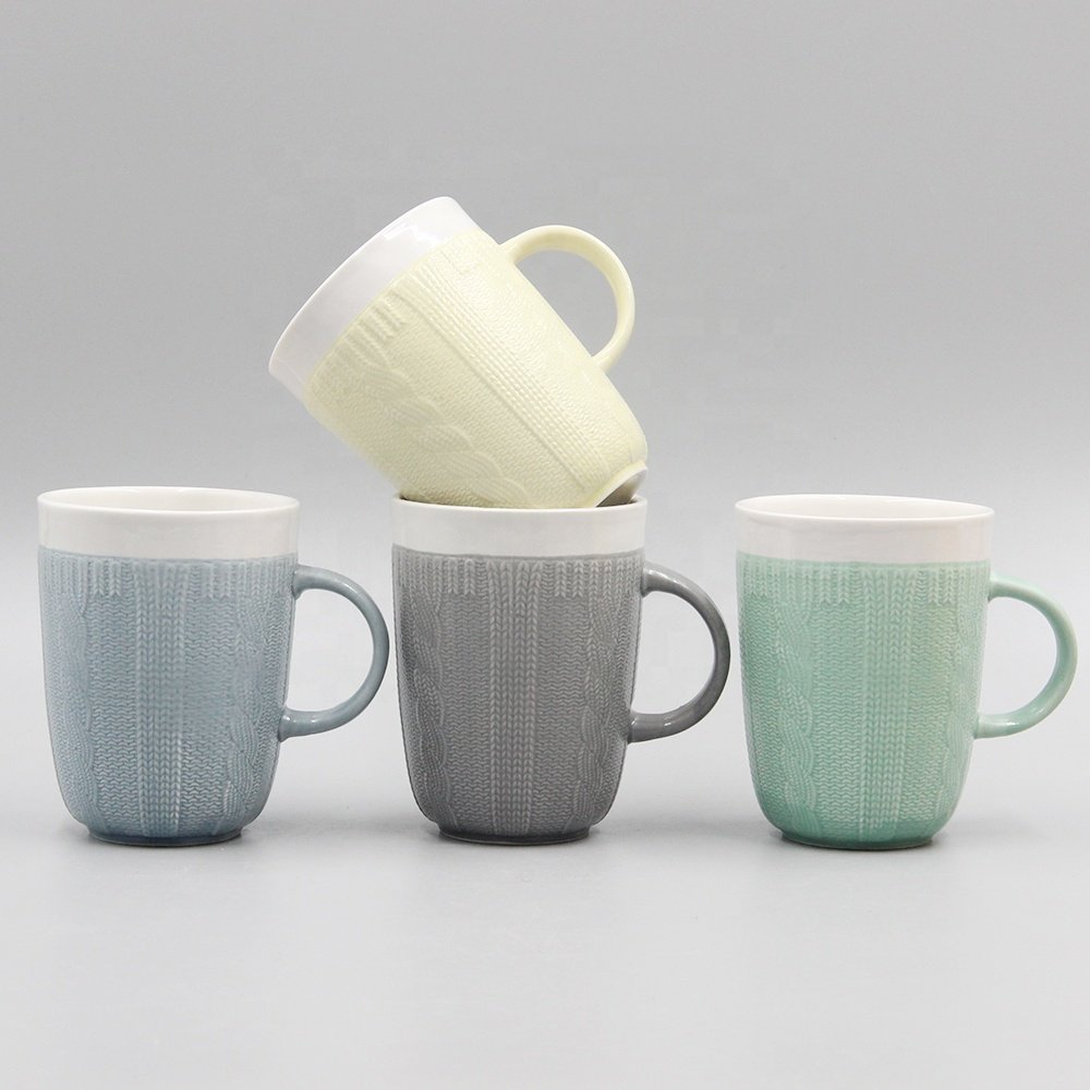 11oz two tone full glazed ceramic sweater mug with embossed knitting