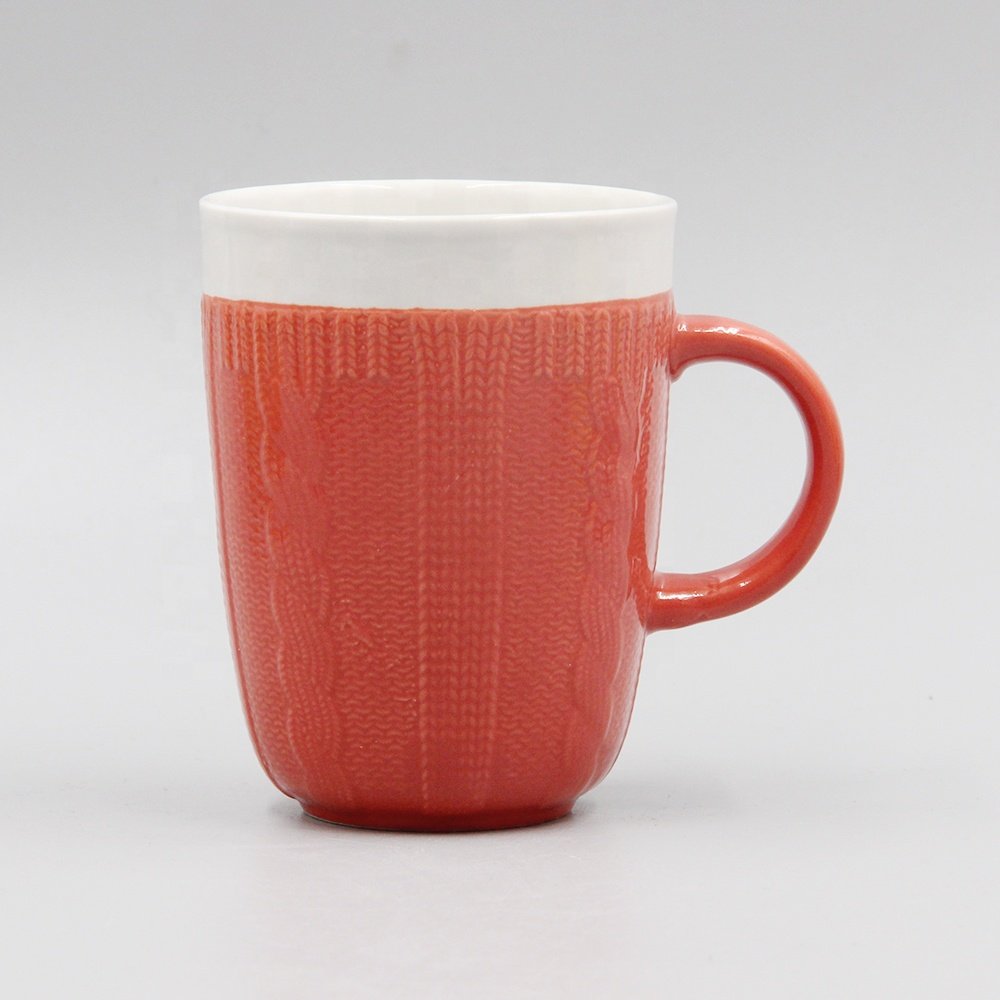 11oz two tone full glazed ceramic sweater mug with embossed knitting