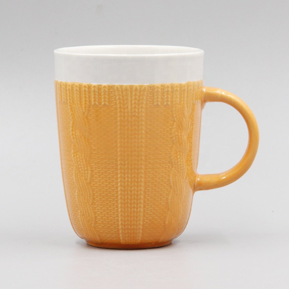 11oz two tone full glazed ceramic sweater mug with embossed knitting