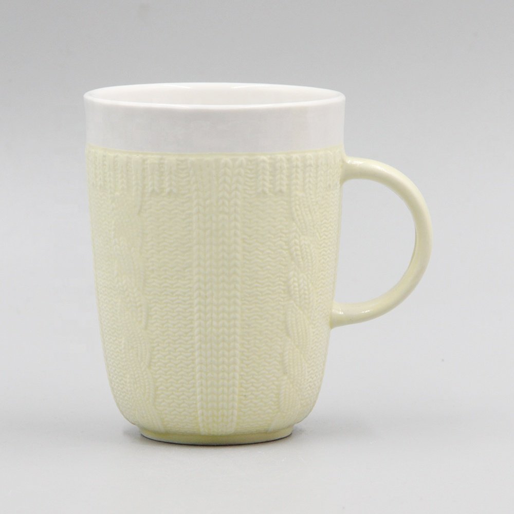 11oz two tone full glazed ceramic sweater mug with embossed knitting