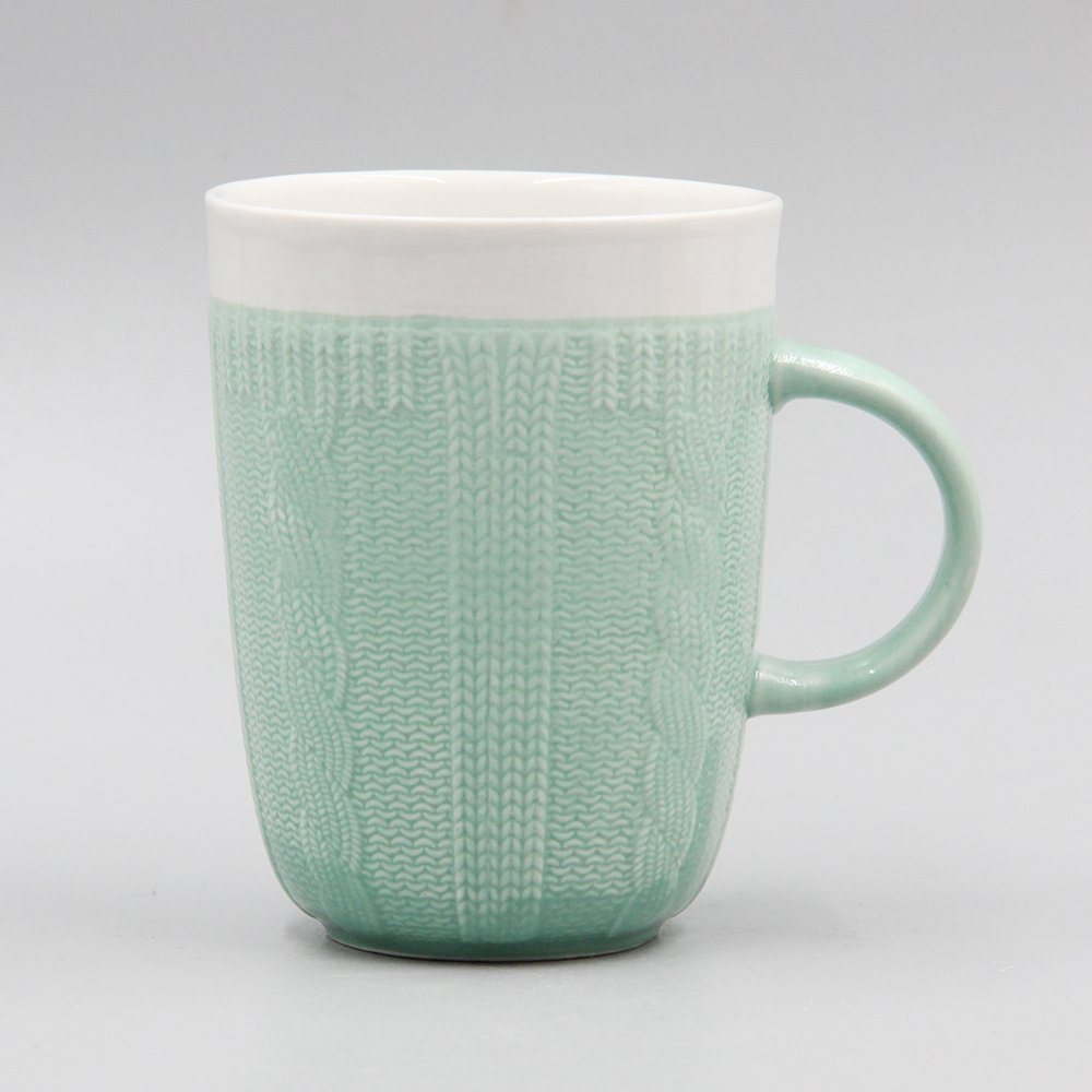 11oz two tone full glazed ceramic sweater mug with embossed knitting