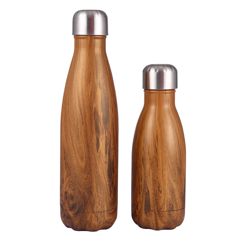 Customized transfer logo wooden 500ml double wall insulated cola water bottle vacuum flask metal lid water bottle for camping