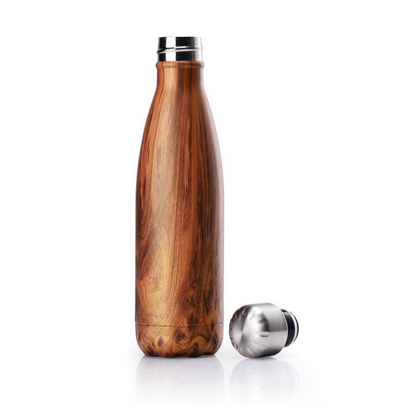 Customized transfer logo wooden 500ml double wall insulated cola water bottle vacuum flask metal lid water bottle for camping