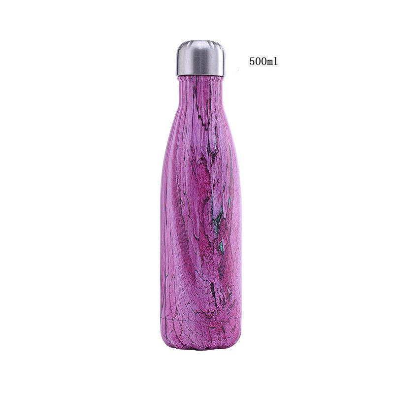 Customized transfer logo wooden 500ml double wall insulated cola water bottle vacuum flask metal lid water bottle for camping