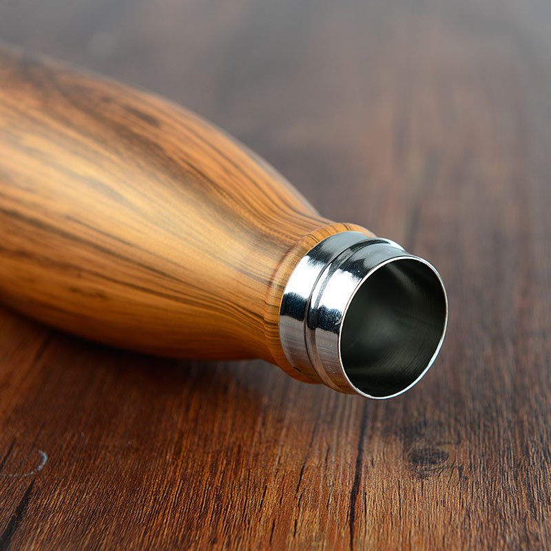Customized transfer logo wooden 500ml double wall insulated cola water bottle vacuum flask metal lid water bottle for camping