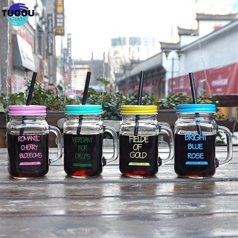 Inventory Wholesale 18oz 500ml Mug Custom Screen Printing Travel Glass Mason Storage Jar Cup With Straw Cover Wide Mouth Handle