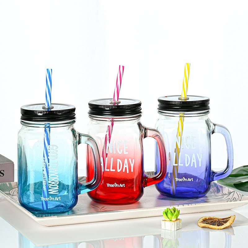 Inventory Wholesale 18oz 500ml Mug Custom Screen Printing Travel Glass Mason Storage Jar Cup With Straw Cover Wide Mouth Handle