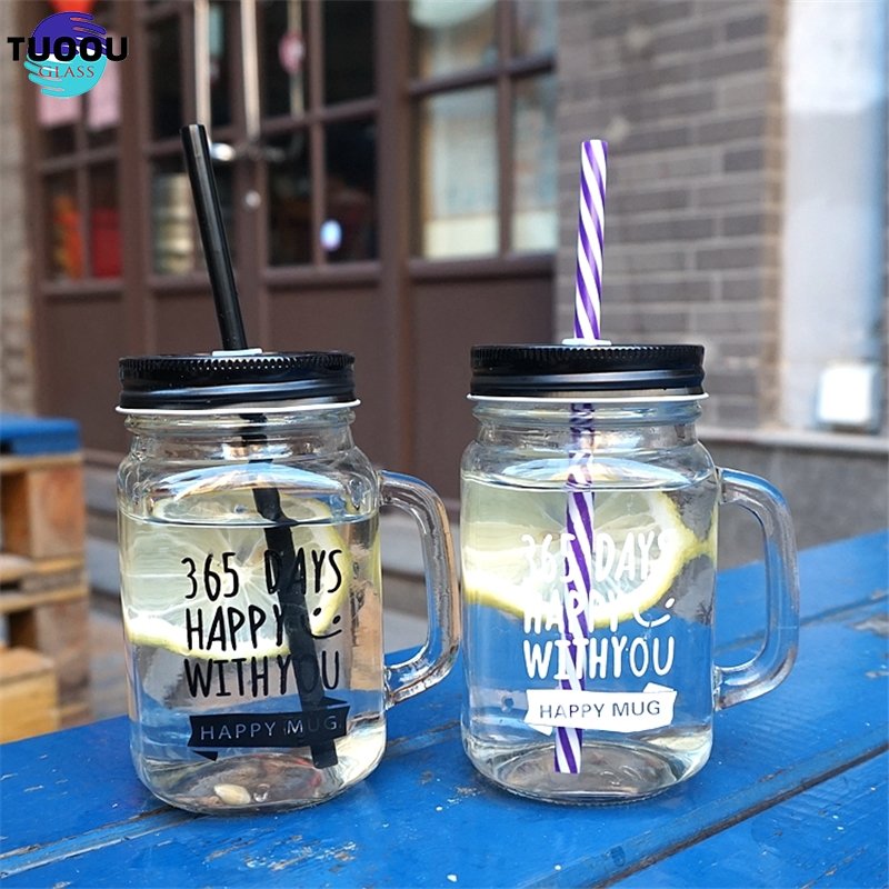 Inventory Wholesale 18oz 500ml Mug Custom Screen Printing Travel Glass Mason Storage Jar Cup With Straw Cover Wide Mouth Handle