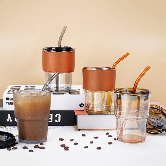 Wholesale 12 oz Iced coffee mug with leather cup sleeve support custom logo support custom color coffee glass mug