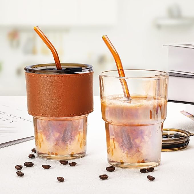 Wholesale 12 oz Iced coffee mug with leather cup sleeve support custom logo support custom color coffee glass mug