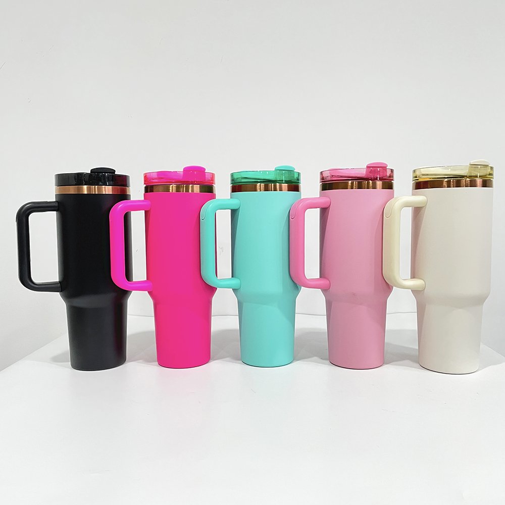 Cream Copper Tumbler 40oz H2.0 Powder Coated Travel Mug Double Wall Stainless Steel Copper Plated 40oz Tumbler With Handle