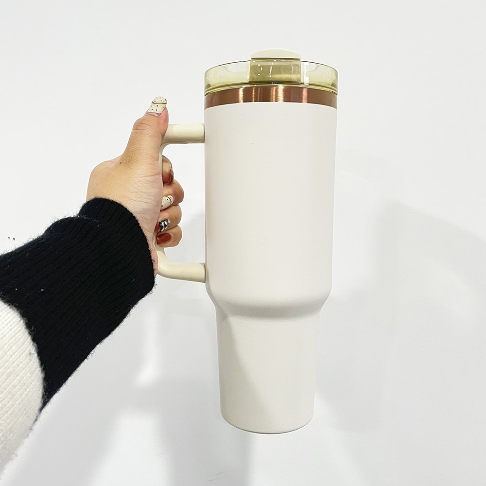 Cream Copper Tumbler 40oz H2.0 Powder Coated Travel Mug Double Wall Stainless Steel Copper Plated 40oz Tumbler With Handle