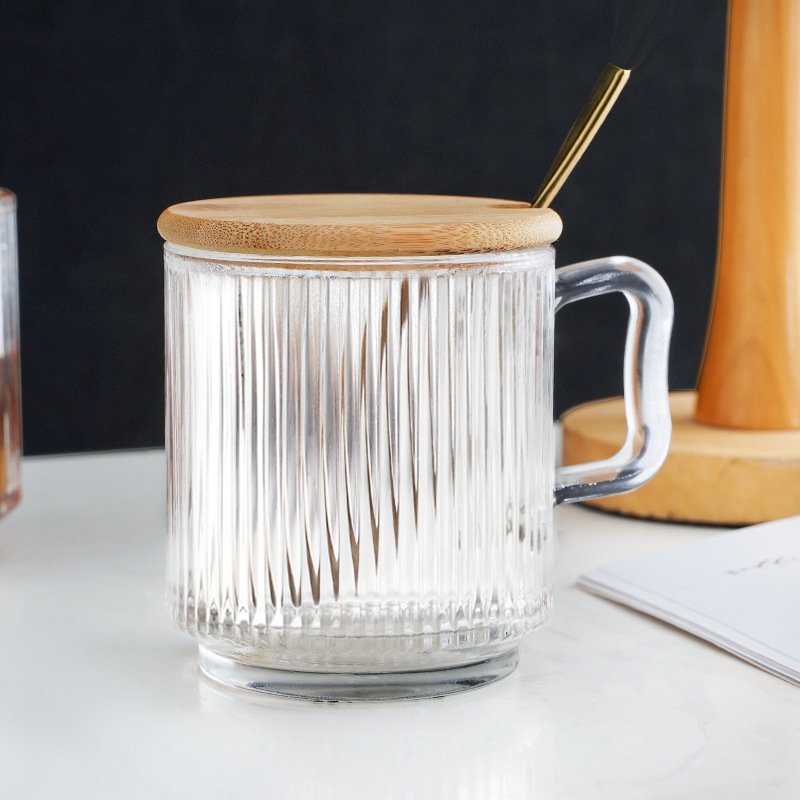 Top Seller premium classical ribbed glassware tea latte cup water tumbler vertical stripe glass clear coffee mug with bamboo lid