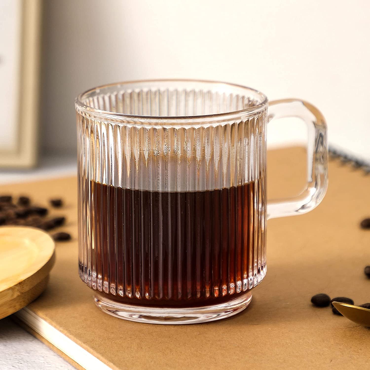 Top Seller premium classical ribbed glassware tea latte cup water tumbler vertical stripe glass clear coffee mug with bamboo lid