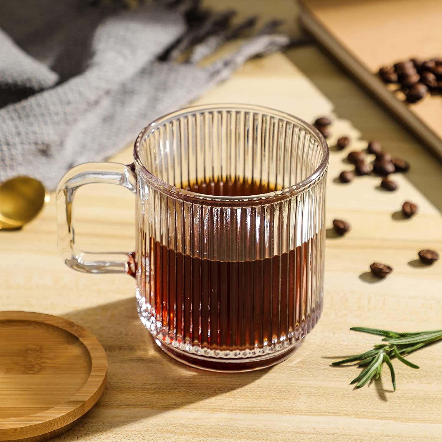 Top Seller premium classical ribbed glassware tea latte cup water tumbler vertical stripe glass clear coffee mug with bamboo lid