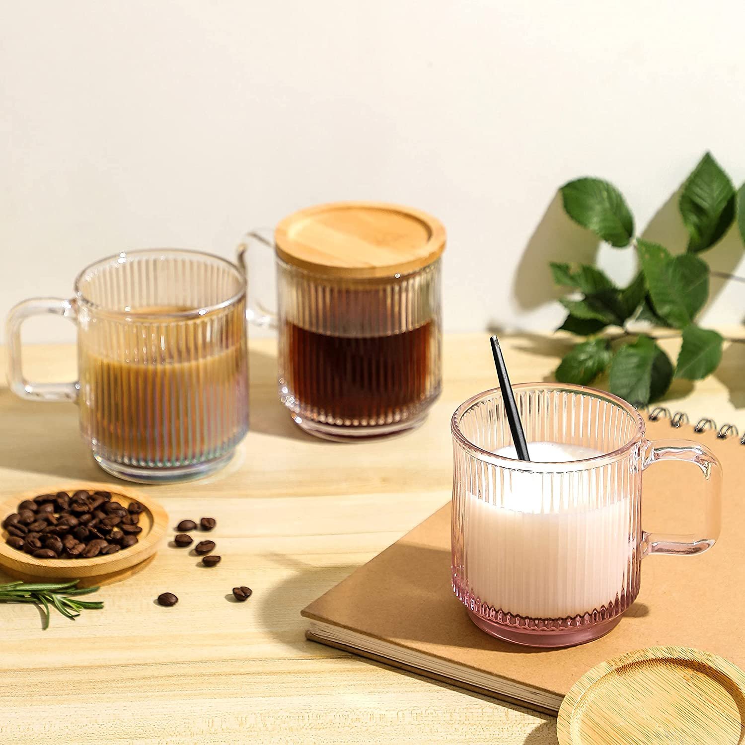 Top Seller premium classical ribbed glassware tea latte cup water tumbler vertical stripe glass clear coffee mug with bamboo lid