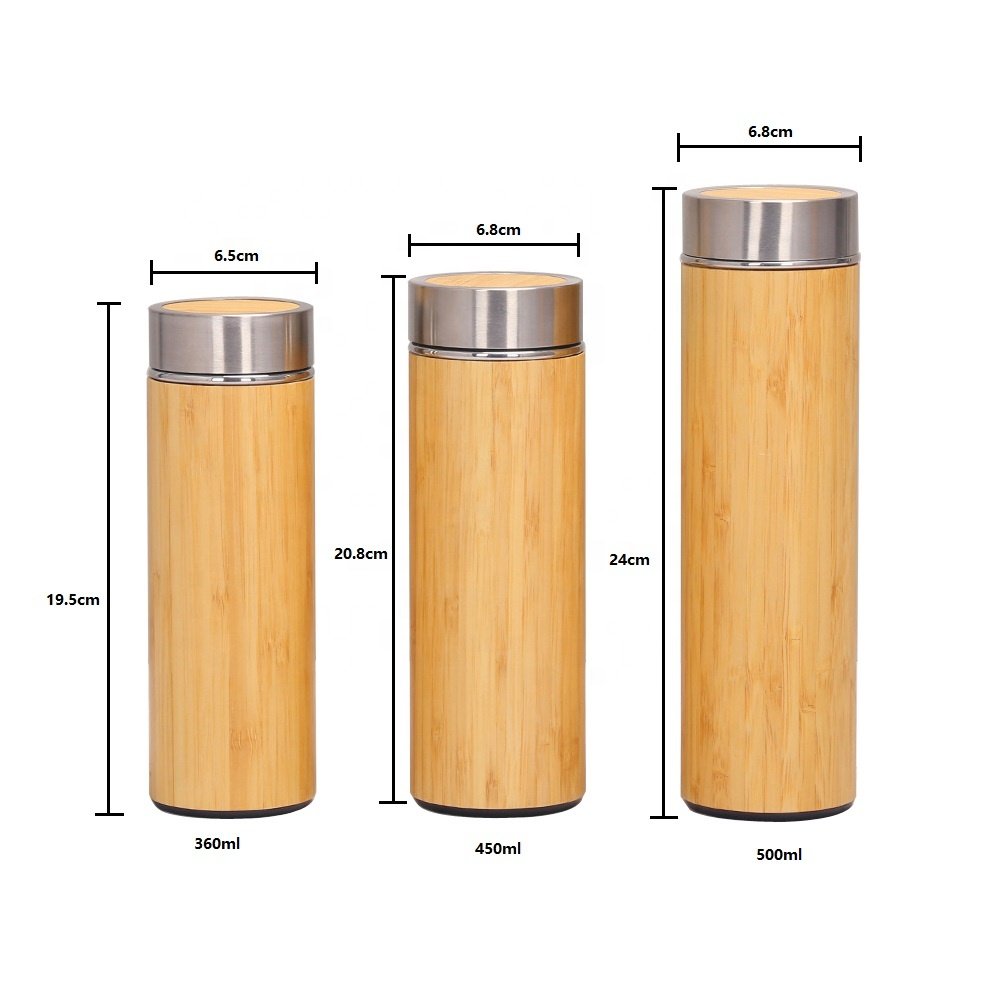 Hot Sale Premium Bamboo Stainless Steel Vacuum Insulated Water Bottle 500ML Double Walled Coffee tea infuser Tumbler Flask