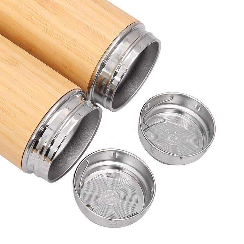 Hot Sale Premium Bamboo Stainless Steel Vacuum Insulated Water Bottle 500ML Double Walled Coffee tea infuser Tumbler Flask