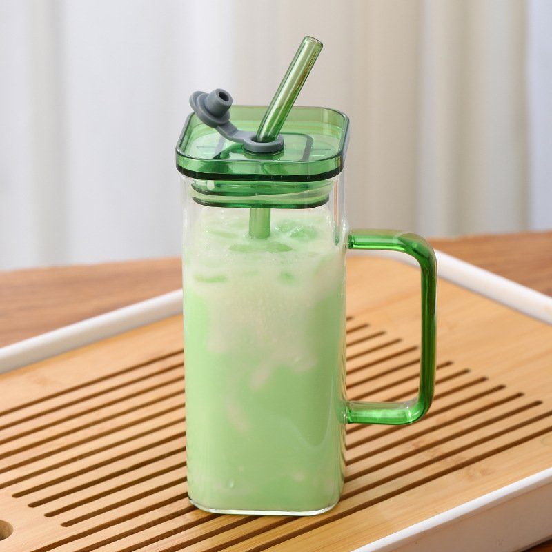 high borosilicate glass coffee cup square coffee mug hot and cold drinking glasses with colored plastic lid and glass straw