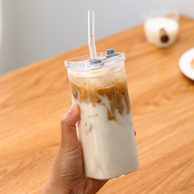 high borosilicate glass coffee cup square coffee mug hot and cold drinking glasses with colored plastic lid and glass straw