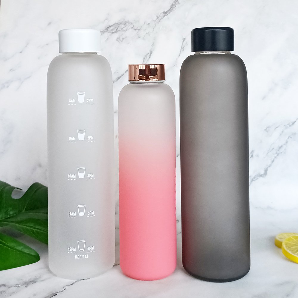 32oz Leak-proof Borosilicate Glass Water Bottle with Motivational Time Marker Reminder