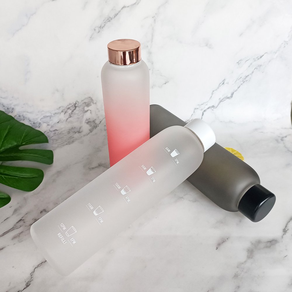 32oz Leak-proof Borosilicate Glass Water Bottle with Motivational Time Marker Reminder