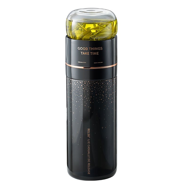 Relea 400ml vacuum flask double wall stainless steel water tea infuser bottle with glass cup