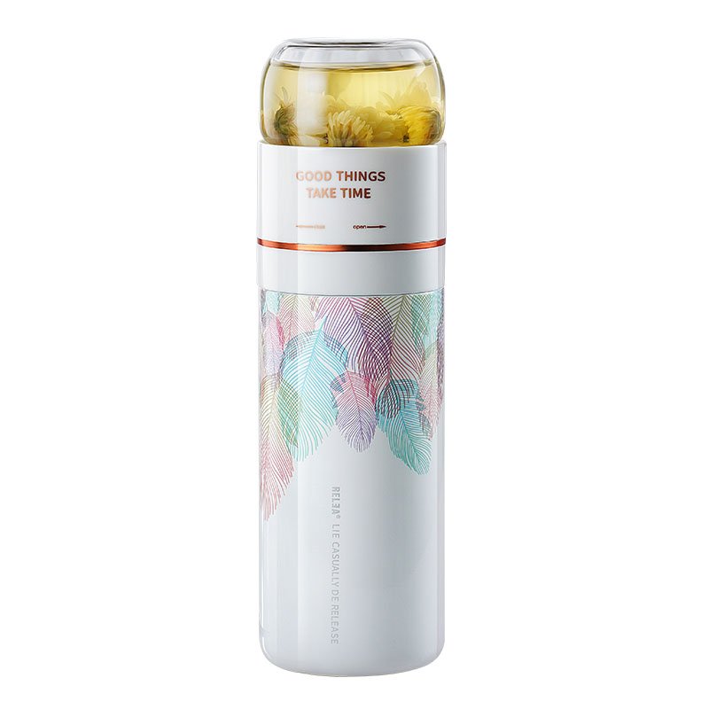 Relea 400ml vacuum flask double wall stainless steel water tea infuser bottle with glass cup