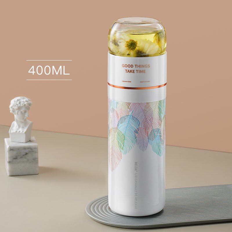 Relea 400ml vacuum flask double wall stainless steel water tea infuser bottle with glass cup