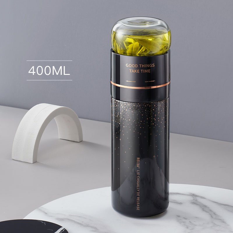 Relea 400ml vacuum flask double wall stainless steel water tea infuser bottle with glass cup