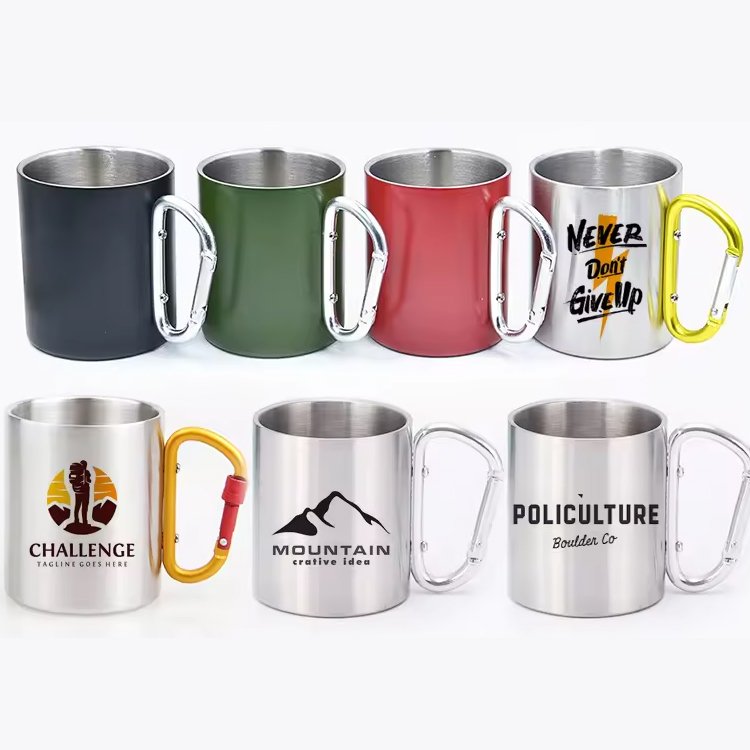 Custom Logo 200/300ml Metal double wall Camping hiking campfire 201 304 stainless steel Climbing Carabiner Mug Travel Mugs
