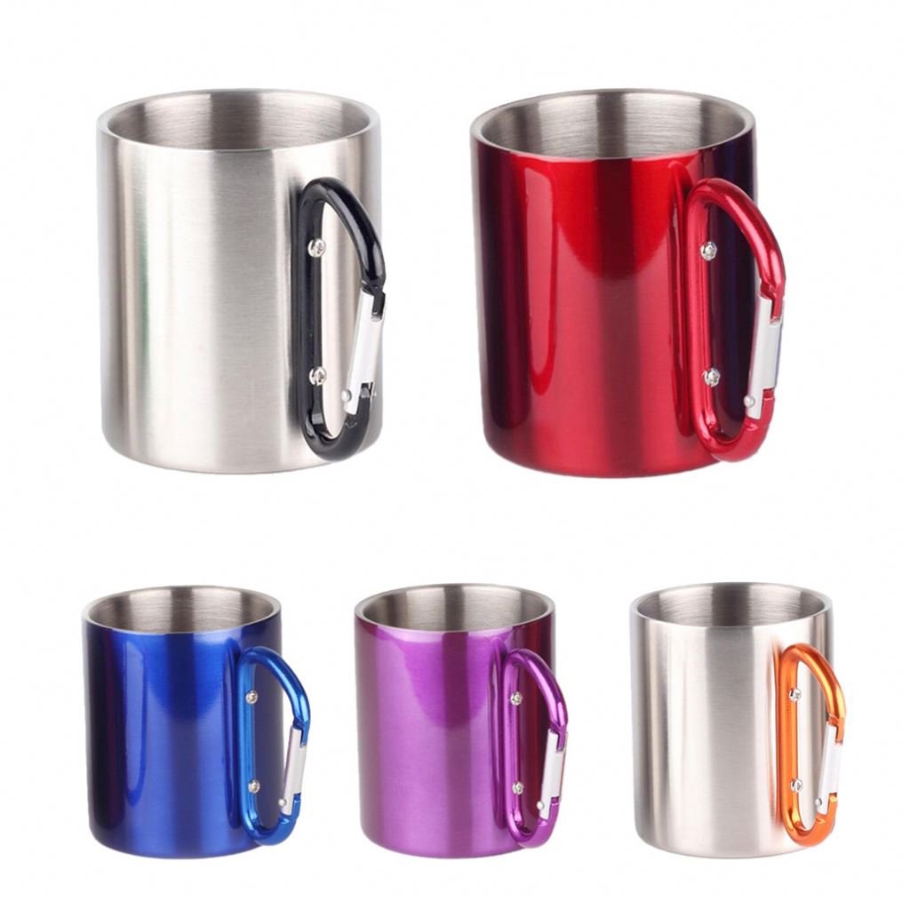 Custom Logo 200/300ml Metal double wall Camping hiking campfire 201 304 stainless steel Climbing Carabiner Mug Travel Mugs