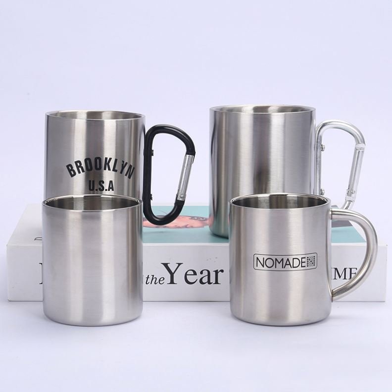 Custom Logo 200/300ml Metal double wall Camping hiking campfire 201 304 stainless steel Climbing Carabiner Mug Travel Mugs