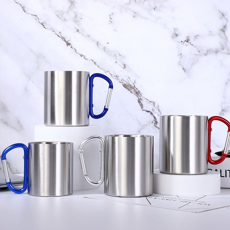Custom Logo 200/300ml Metal double wall Camping hiking campfire 201 304 stainless steel Climbing Carabiner Mug Travel Mugs
