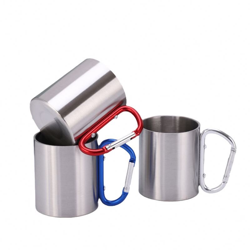 Custom Logo 200/300ml Metal double wall Camping hiking campfire 201 304 stainless steel Climbing Carabiner Mug Travel Mugs