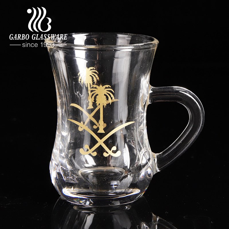 Wholesale Middle East Royal Court Style Turkish Black Tea Cup Gift Box Turkish Glass tea Mug with customized decal