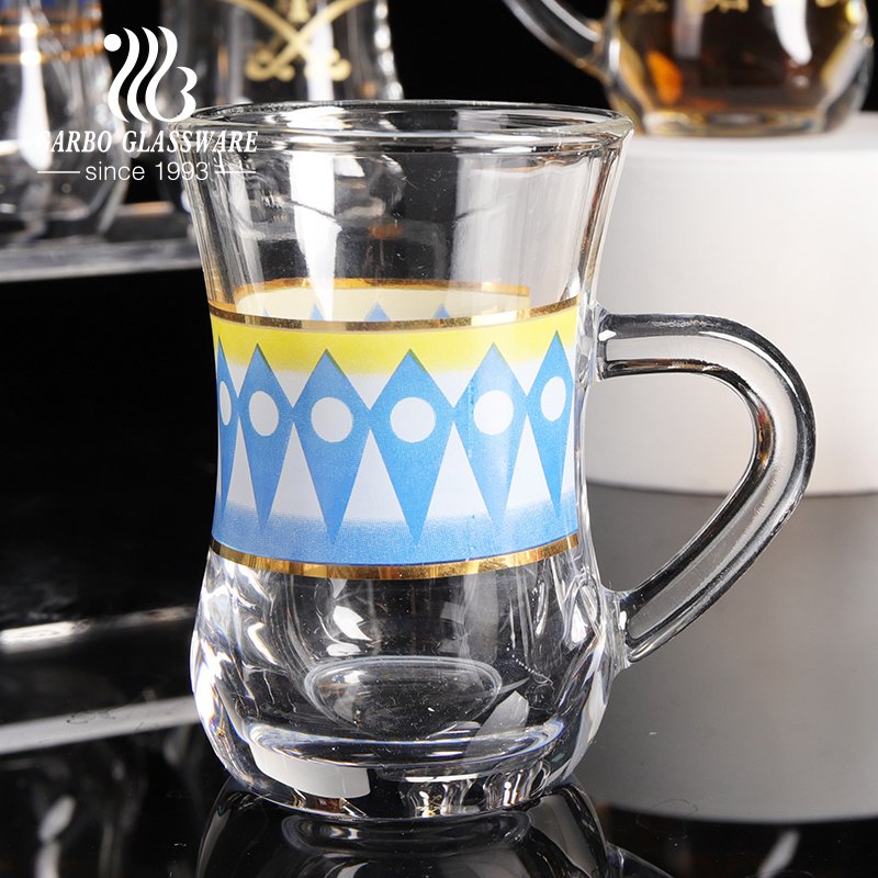 Wholesale Middle East Royal Court Style Turkish Black Tea Cup Gift Box Turkish Glass tea Mug with customized decal