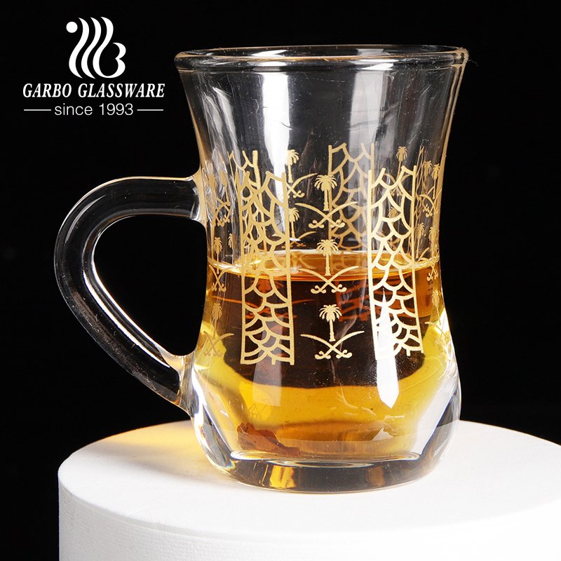 Wholesale Middle East Royal Court Style Turkish Black Tea Cup Gift Box Turkish Glass tea Mug with customized decal