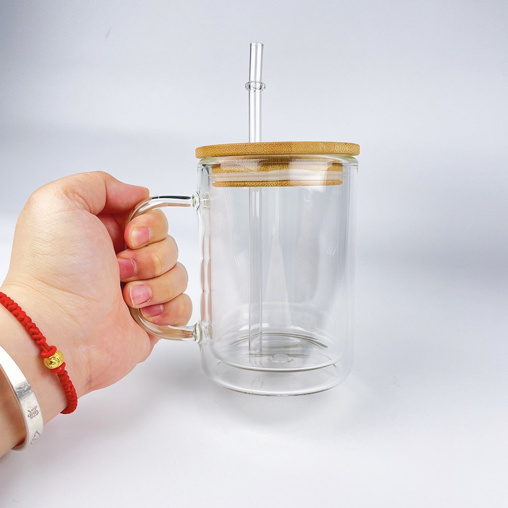 25 pack US warehouse Clear blank sublimation predrilled hole 15oz double wall glass mug with handle-15SNOWAA