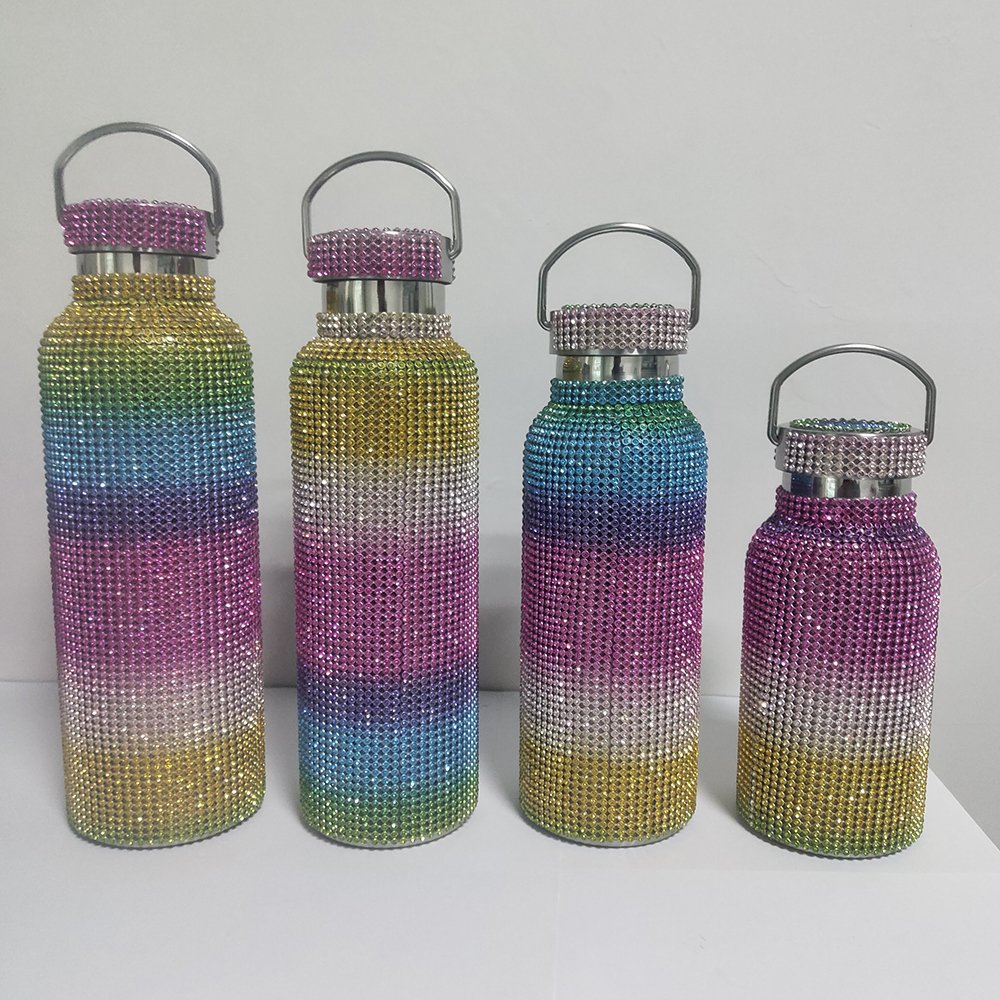 500ml Tumbler Mugs Colorful Bling Bling Rhinestone Vacuum Insulated Water Bottle With Handle